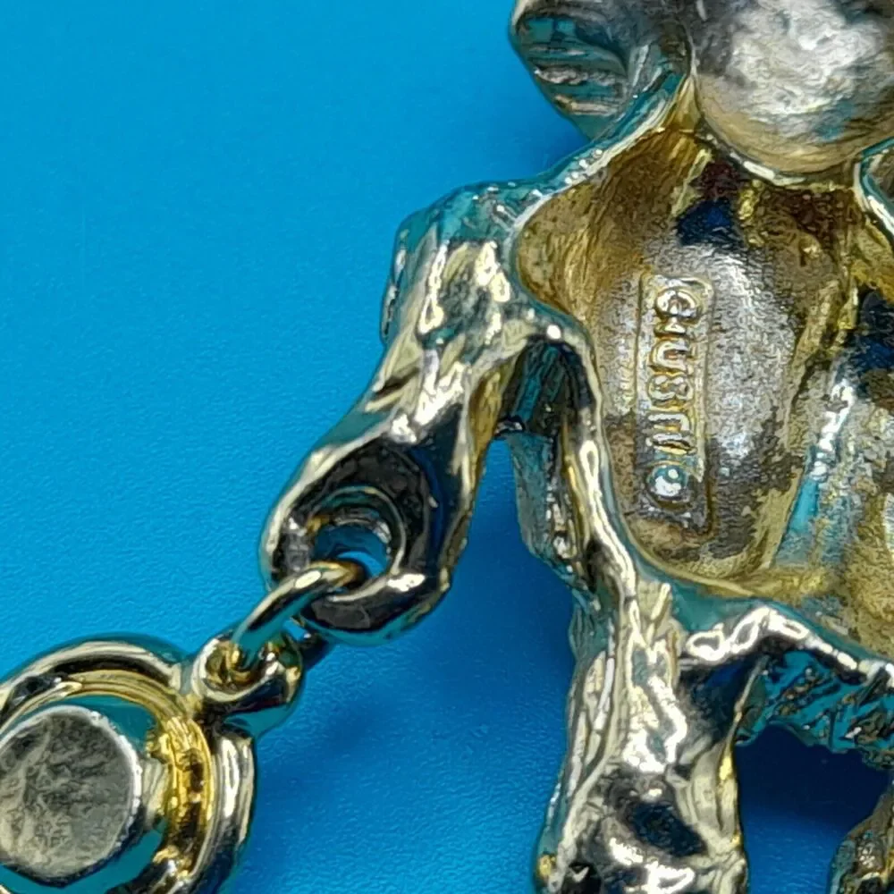 Vintage Cat Brooch, Signed Giusti,  Blue Rhinestone Eye, Kitten Pin, 90s Jewelry